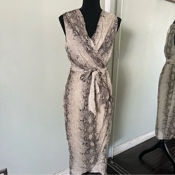 Paper Heart | Dresses | Paper Heart Neutral Beige Snake Print Vneck Self  Tie Midi Dress Size Small | Poshmark